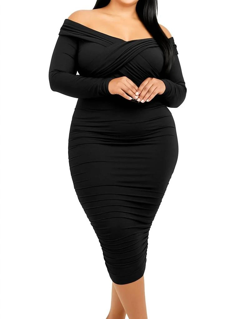 ruched dress curve Tamer Ruched Midi Dress Feiry Tropics Curve BLUE-NAVY / 1X by Sugarlips