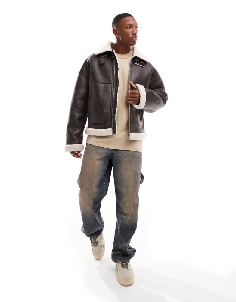 Bershka faux leather washed jacket with shearling in brown – On