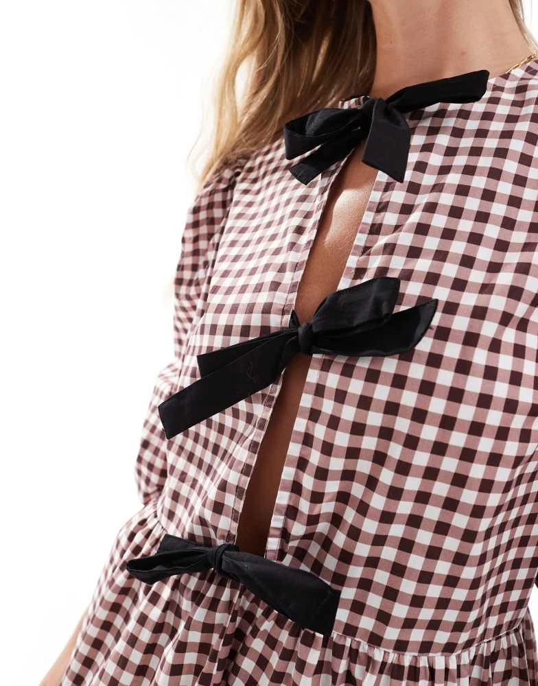 ASOS ASOS DESIGN poplin tie front mini dress in brown gingham 3