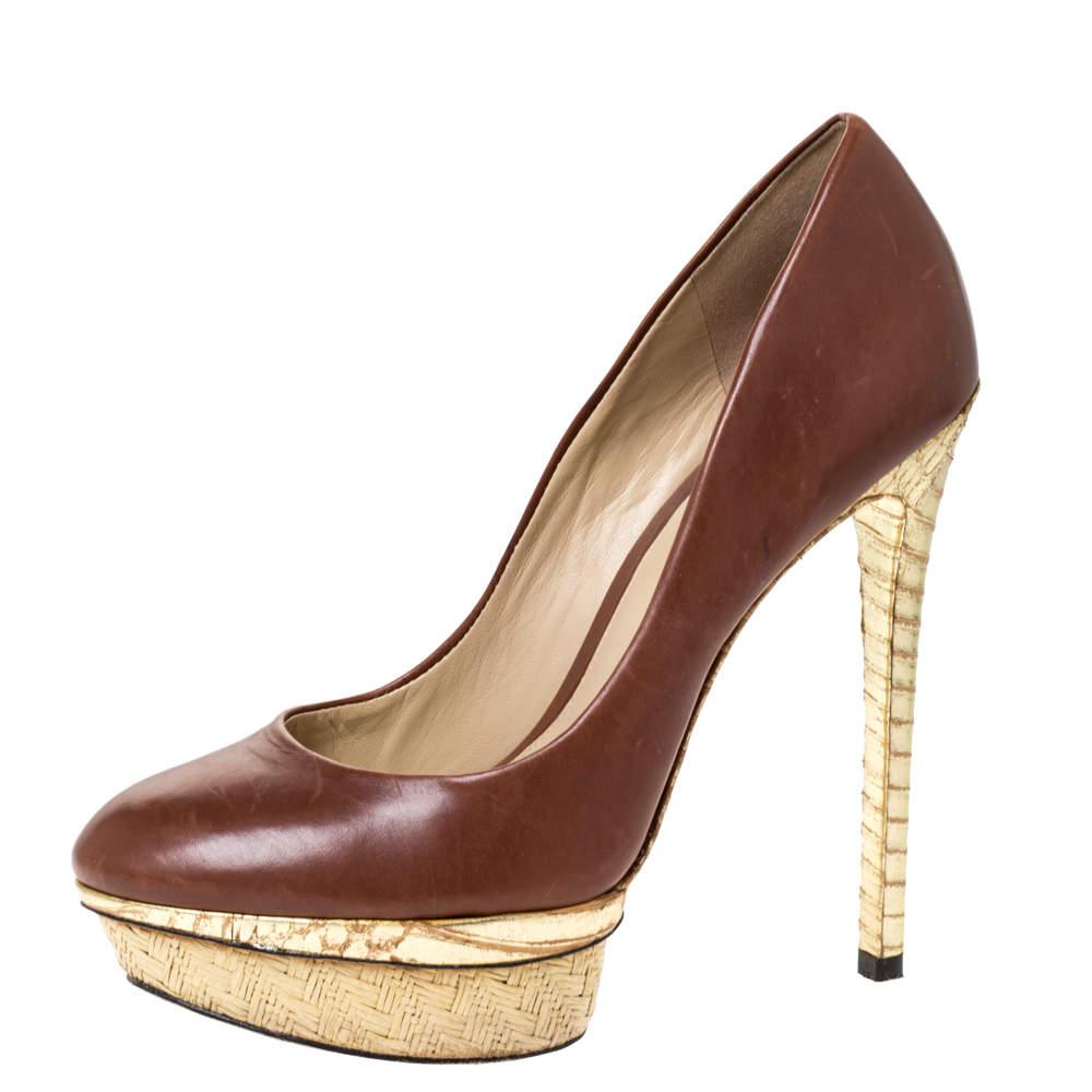 Brian Atwood Brian Atwood Brown/Gold Leather and Python Effect Platform Pumps Size 38.5