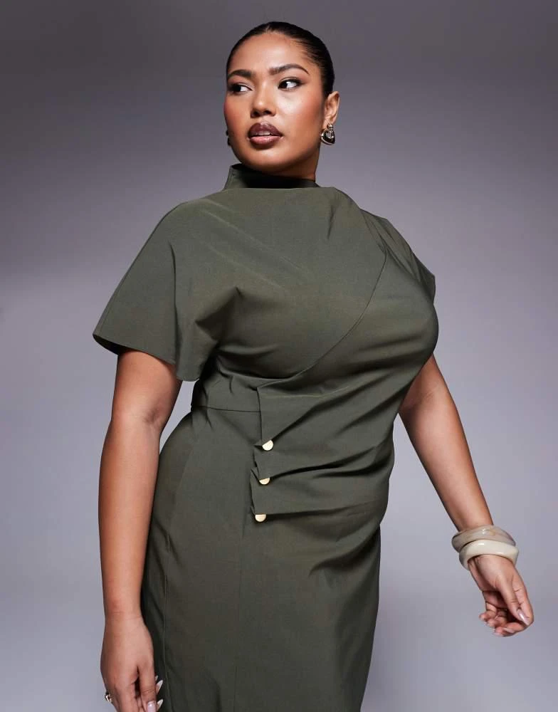 ASOS ASOS DESIGN Curve ruched waist bengaline midi dress in khaki green 4