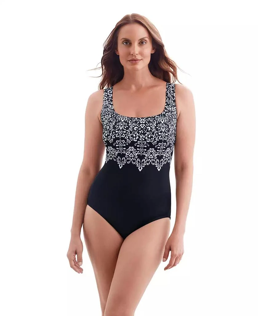 Longitude by Mimi Flamingo Longitude Women's Garland Edge Double X-Back Tank Long Torso One-Piece Swimsuit