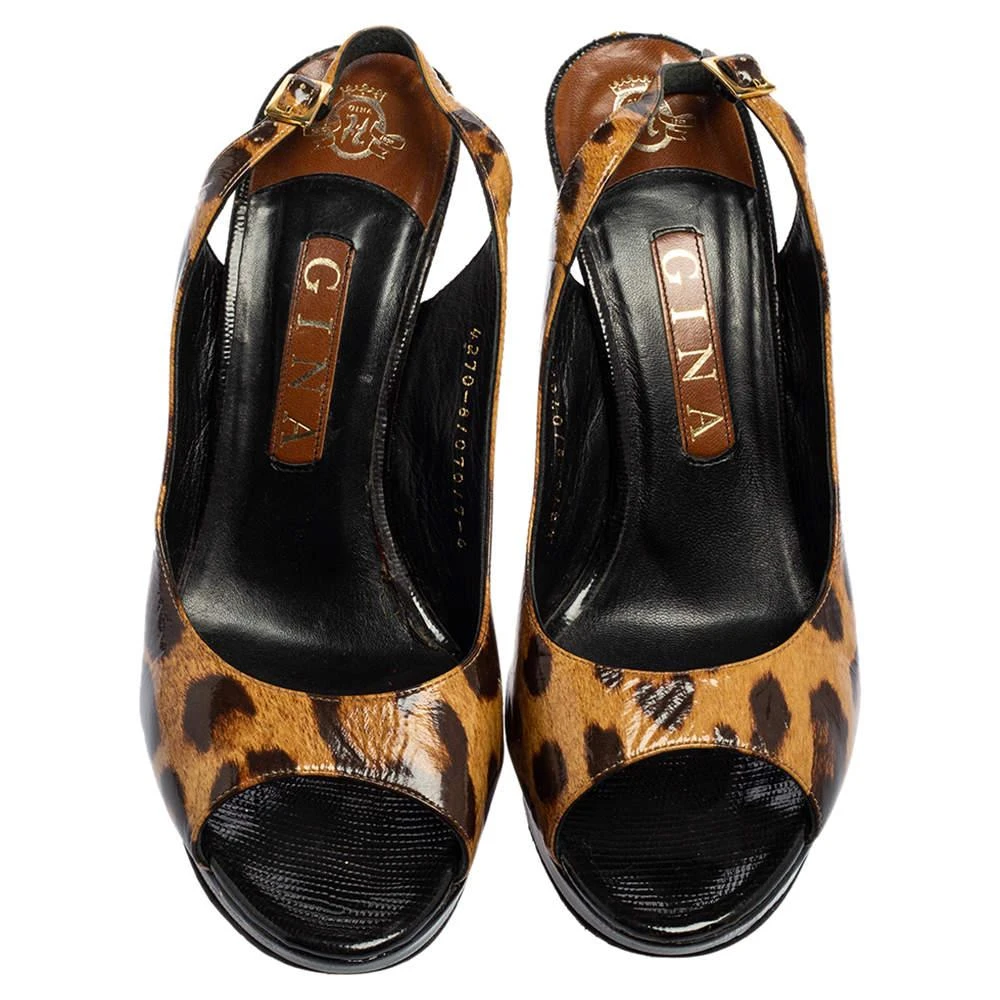 Gina Gina Brown/Black Leopard Print Patent Leather Peep Toe Platform Slingback Sandals Size 39 3