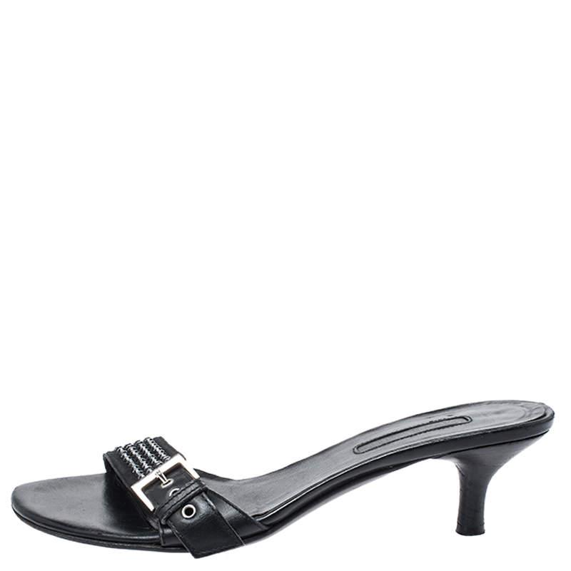 CESARE PACIOTTI Cesare Paciotti Black Leather Crystal Embellished Buckle Detail Kitten Heel Mules Size 37