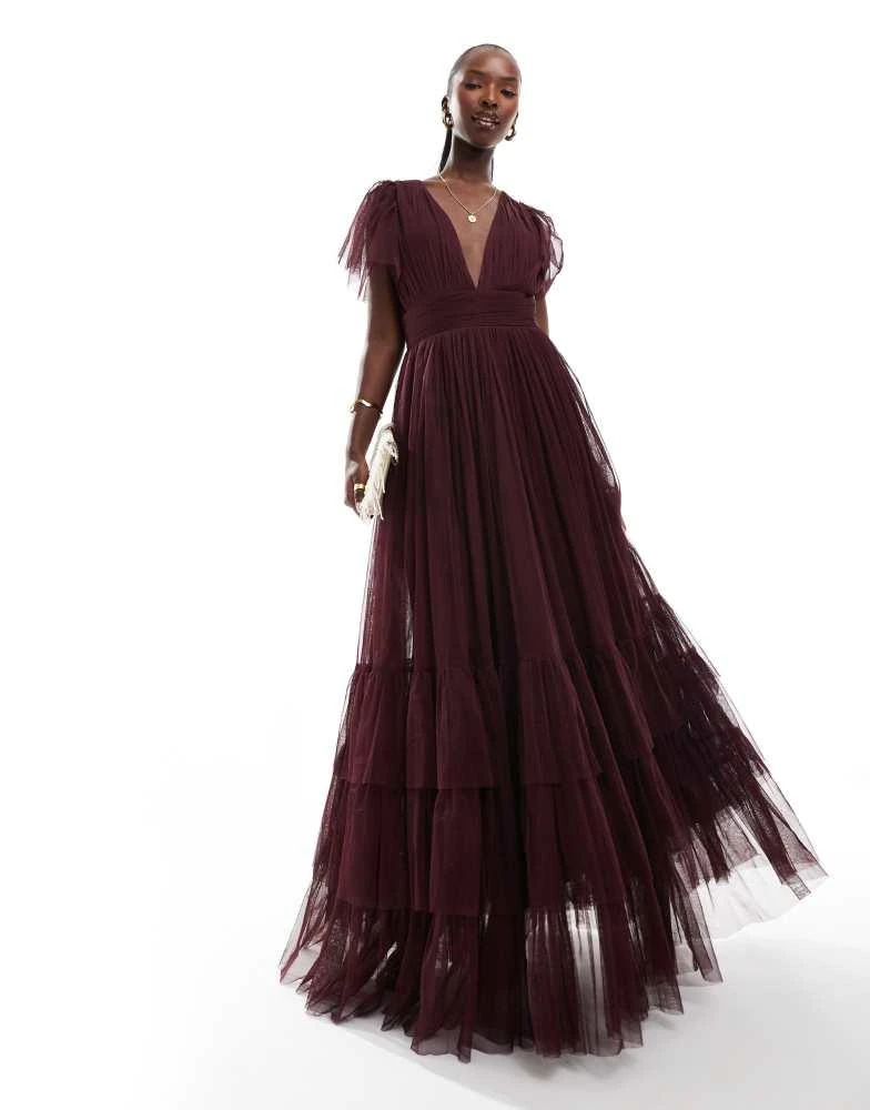 Lace & Beads Bridesmaid Madison v neck tulle maxi dress in plum  On Sale  Now with Up to 10% Off | Discover Exclusive Deals & Savings at BeyondStyle   Authentic Lace