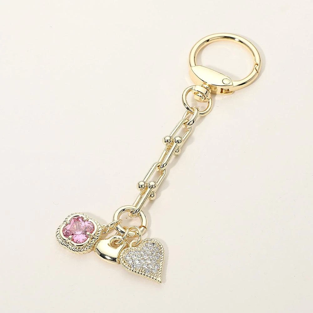FASHNZFAB 14K Gold Plated CZ Pave Heart Quatrefoil Charm Drop Keychain Bag Charm