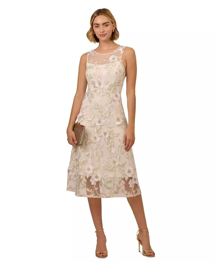 Adrianna Papell Women's Floral Embroidery Illusion Fit & Flare Midi Dress 1