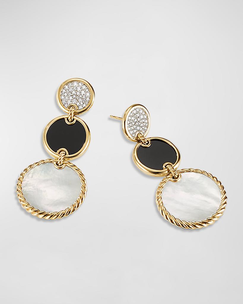 David Yurman DY Elements Triple Drop Earrings in 18K Yellow Gold with Mother-of-Pearl, Black Onyx & Pave Diamonds