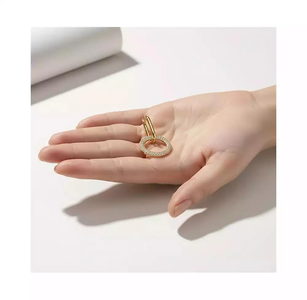 Rachel Glauber Modern Round 
Oval Fusion Paved CZ Drop Hoop Earrings 3