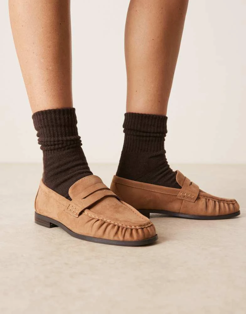 Asos Design Wide Fit ASOS DESIGN Wide Fit Minnie ruched detail loafer in tan suedette