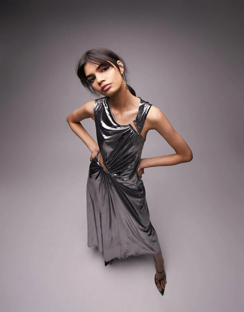Topshop Topshop asymmetric metallic cut out midi dress in silver 1