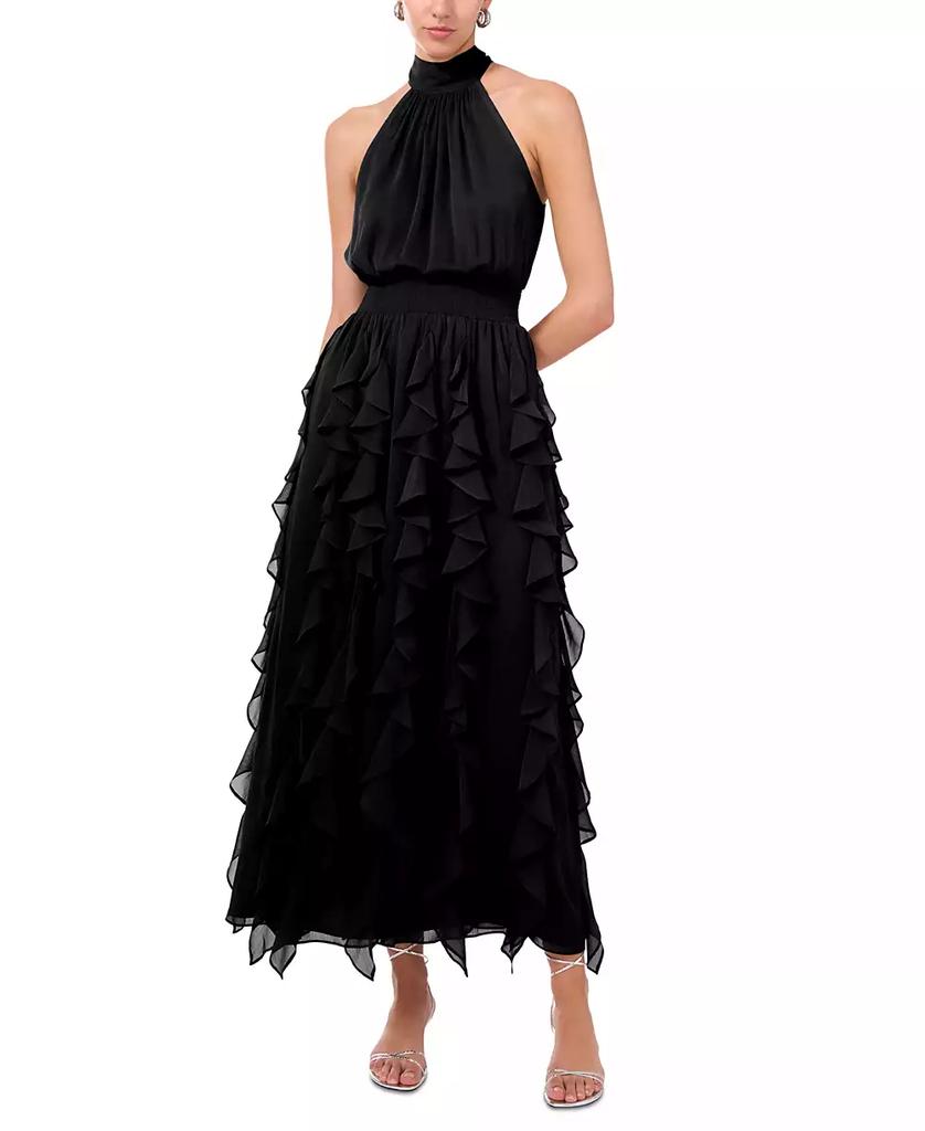1. State Women's Smocked Cascade-Ruffle Halter Maxi Dress