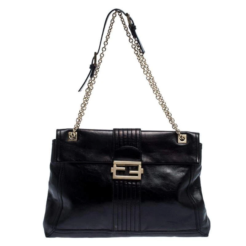 Fendi Fendi Black Leather Maxi Baguette Flap Shoulder Bag 1