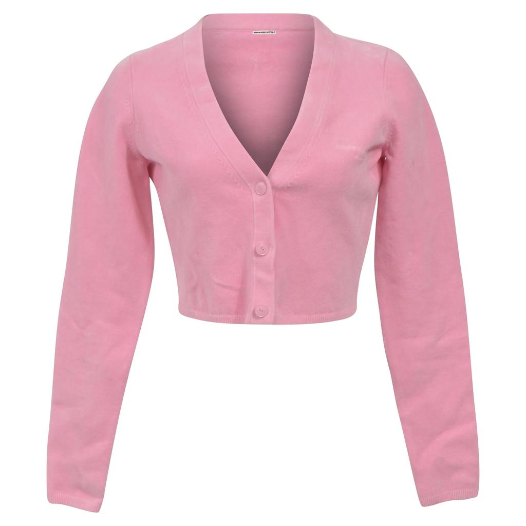 Alexander Wang .T  Logo-Embossed Cropped Cardigan in Pink Merino Wool