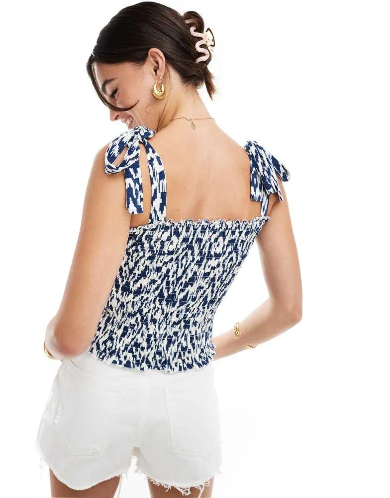 JDY JDY shirred smock top with tie straps in white & blue 4