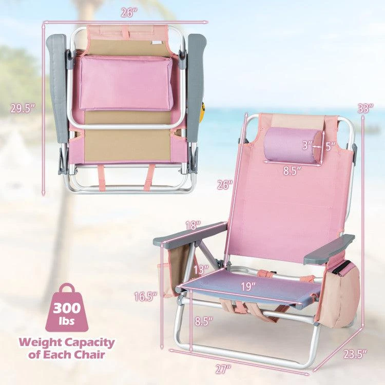 Hivvago 2 Pieces Folding Backpack Beach Chair with Pillow-Pink 4