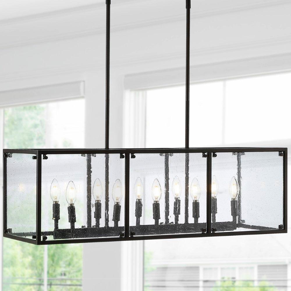 JONATHAN Y Paysan 35" Linear 10-Light Adjustable Iron/Seeded Glass Rustic Farmhouse LED Pendant