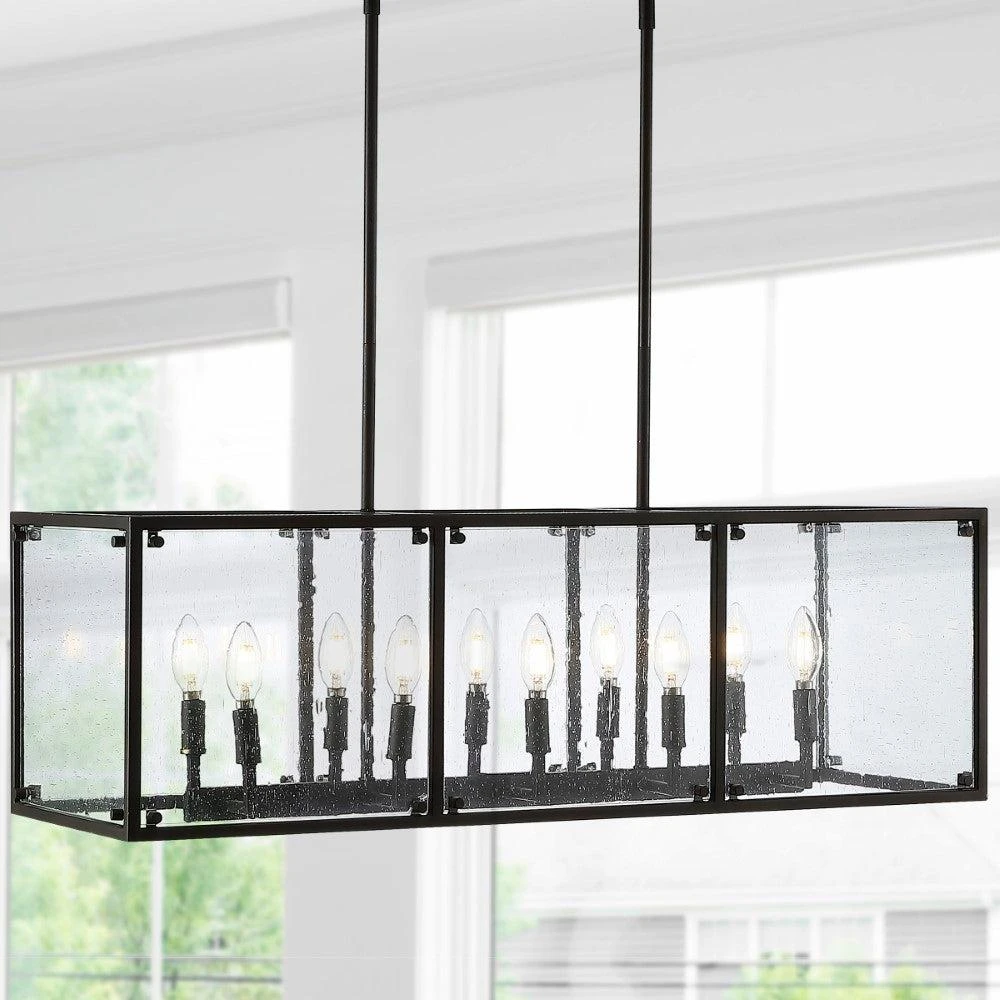 JONATHAN Y Paysan 35" Linear 10-Light Adjustable Iron/Seeded Glass Rustic Farmhouse LED Pendant 1