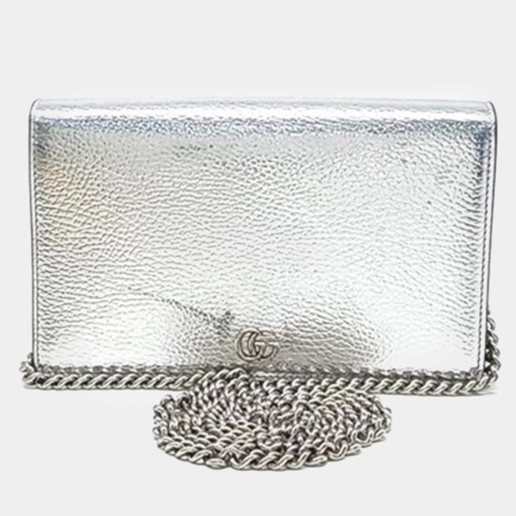 Gucci Gucci Silver Leather GG Marmont Mini Crossbody Bag