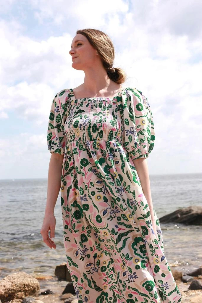 Jessie Zhao Emerald Smocked Cotton Silk Dress 6