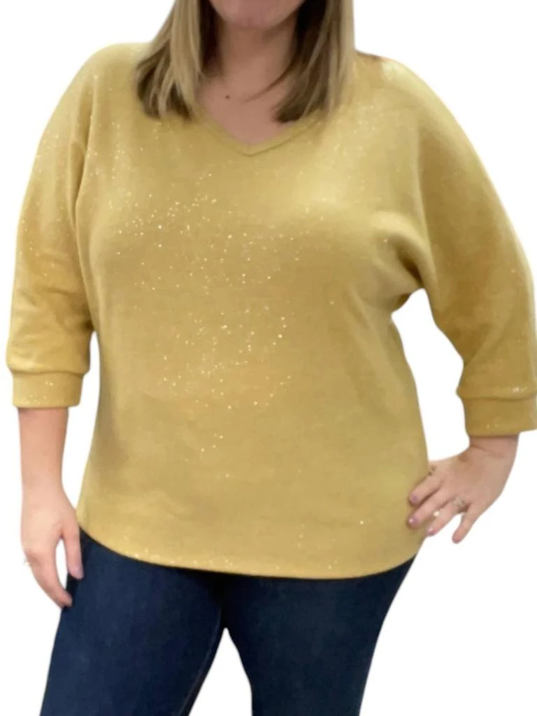 honeyme 3/4 Sleeve Dolman Sparkly Sweater In Mustard 1