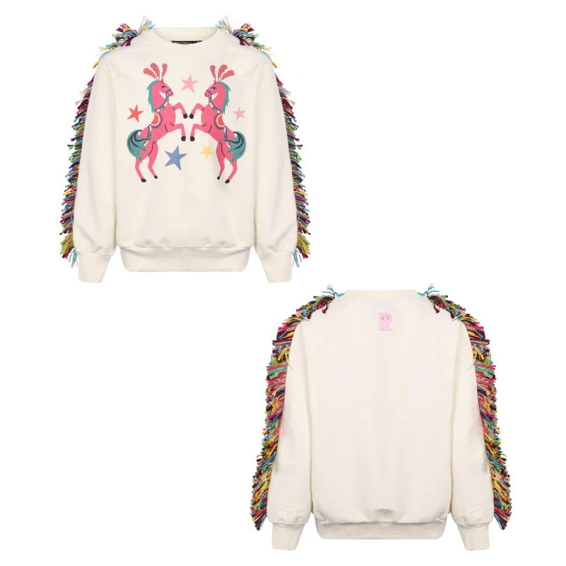Rock Your Baby Horses parade print sweatshirt with rainbow fringing in cream 1