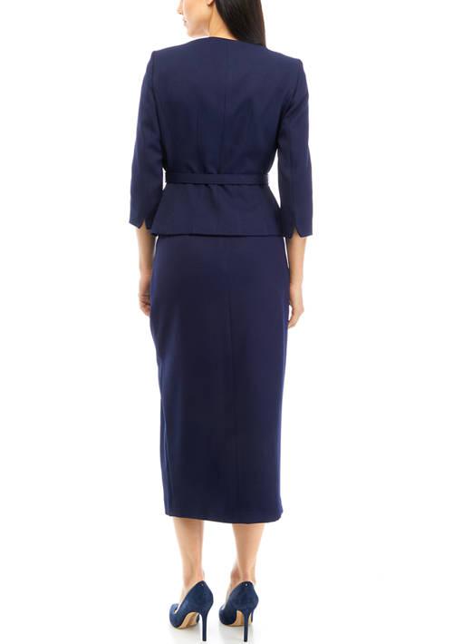 Le Suit Suit Womens Belted V Neck Jacket With Hidden Placket And Column Skirt Set