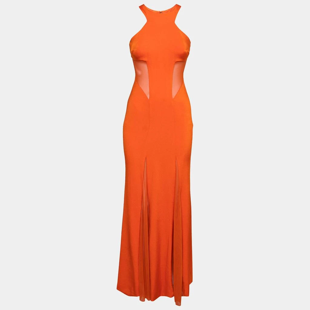 CUSHNIE Cushnie Et Ochs Tangerine Orange Stretch Satin Jersey Mesh Paneled Gown S 1