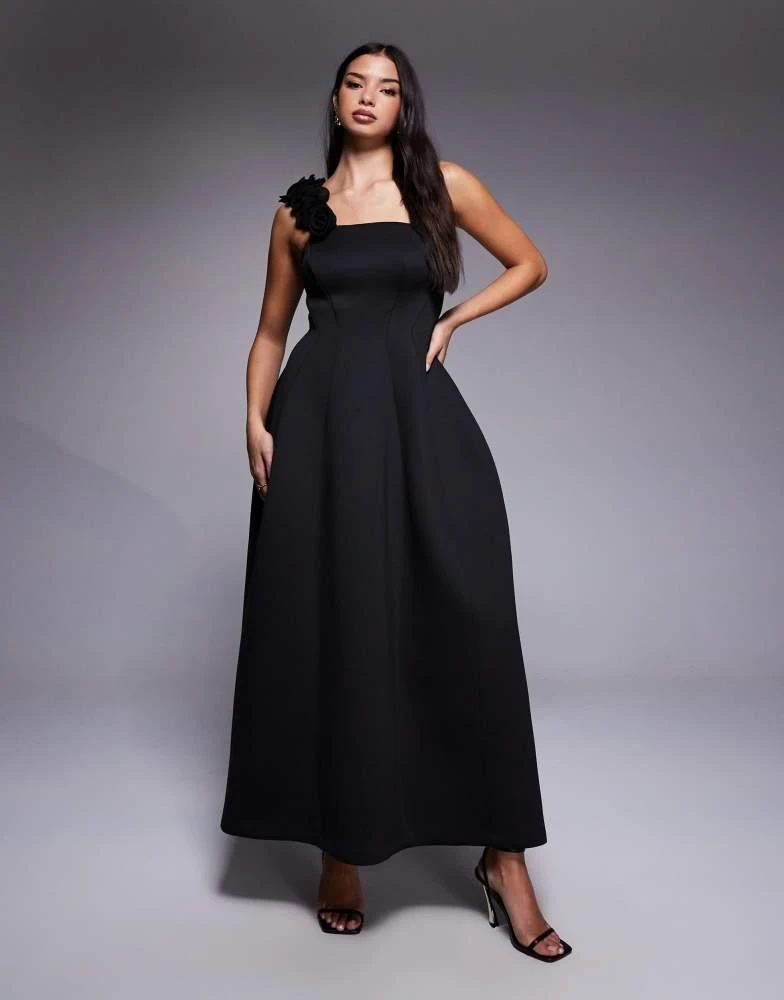 chinese dress ladies Jacquard Puff Sleeve Sweetheart Scuba Maxi Dress - Black