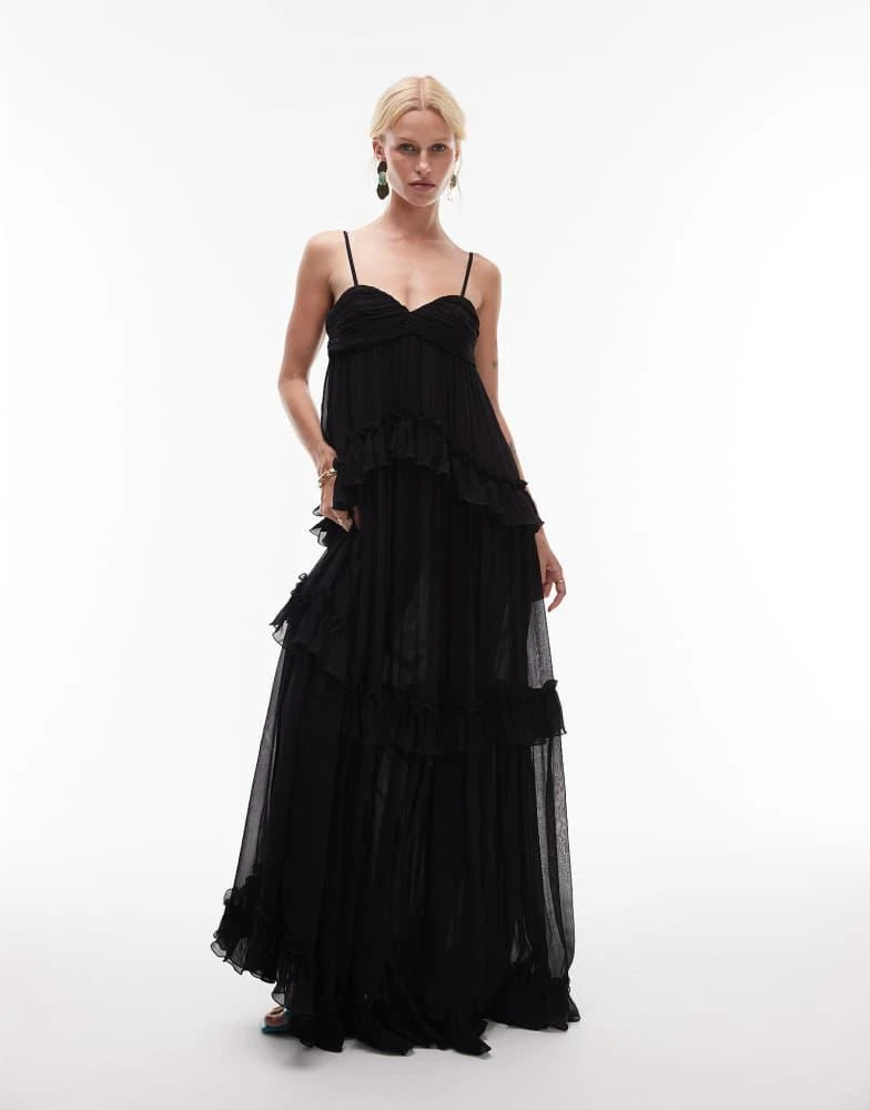 Mango Mango featuring Kaia Gerber premium bandeau ruffle tiered detail maxi dress in black 3