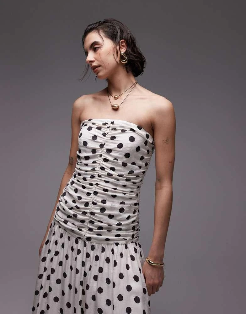 sachin and babi light blue dress Mango bandeau maxi dress with dropped waist and ruched bodice in mono polka  dot print – On Sale Now with Up to 32% Off