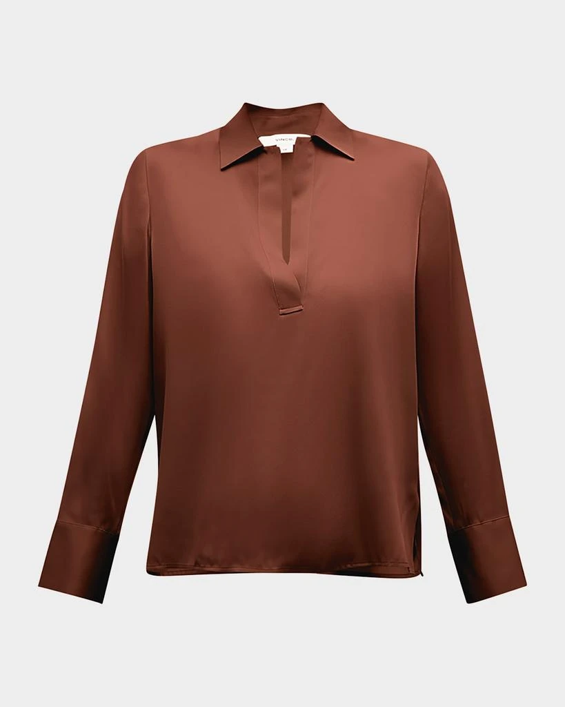 Vince Long-Sleeve Silk Pullover Polo Top 1