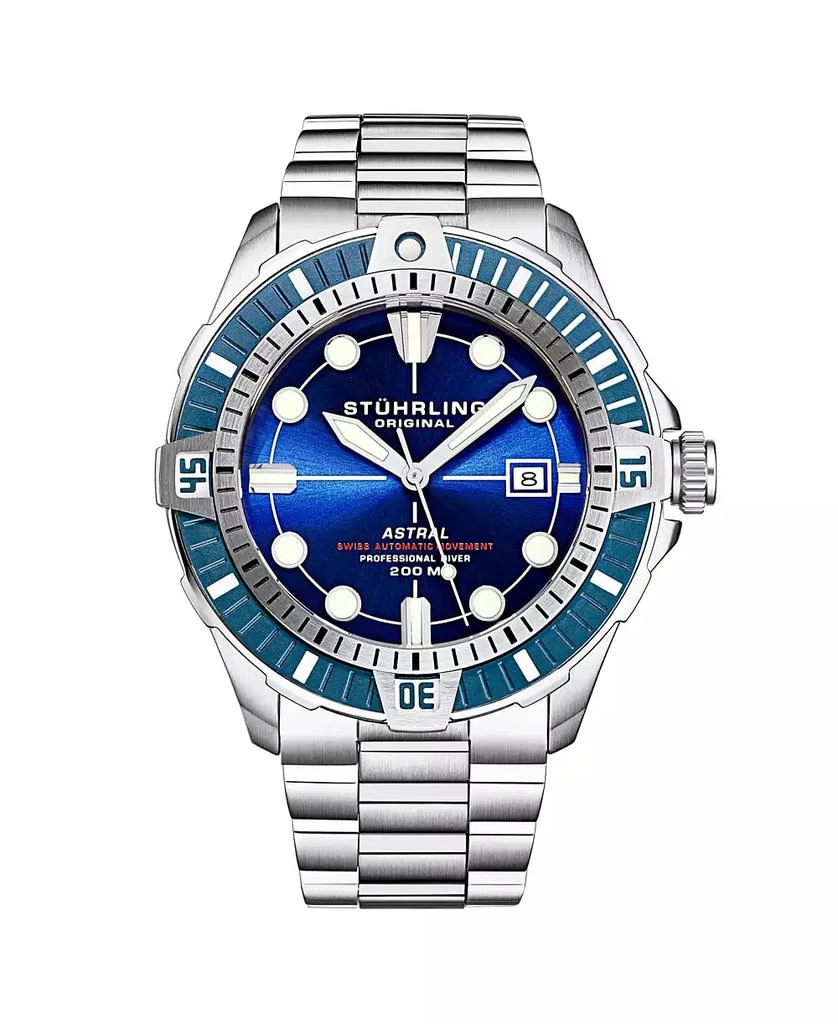 Stuhrling Men s Astral Diver 44mm Swiss Automatic Watch, Blue Dial, Stainless Steel Bracelet, Rotating Bezel, 200M Water Resistant 5