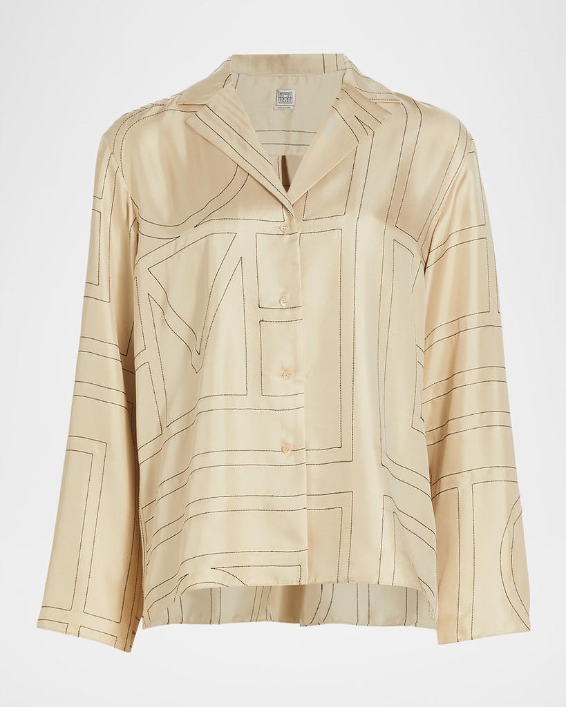 Totême Monogram-Embroidered Silk Pajama Top