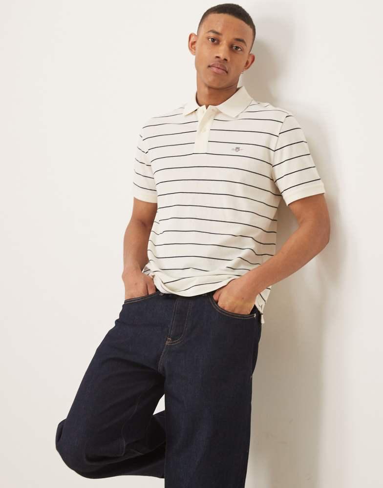 Gant GANT shield logo stripe pique polo in cream