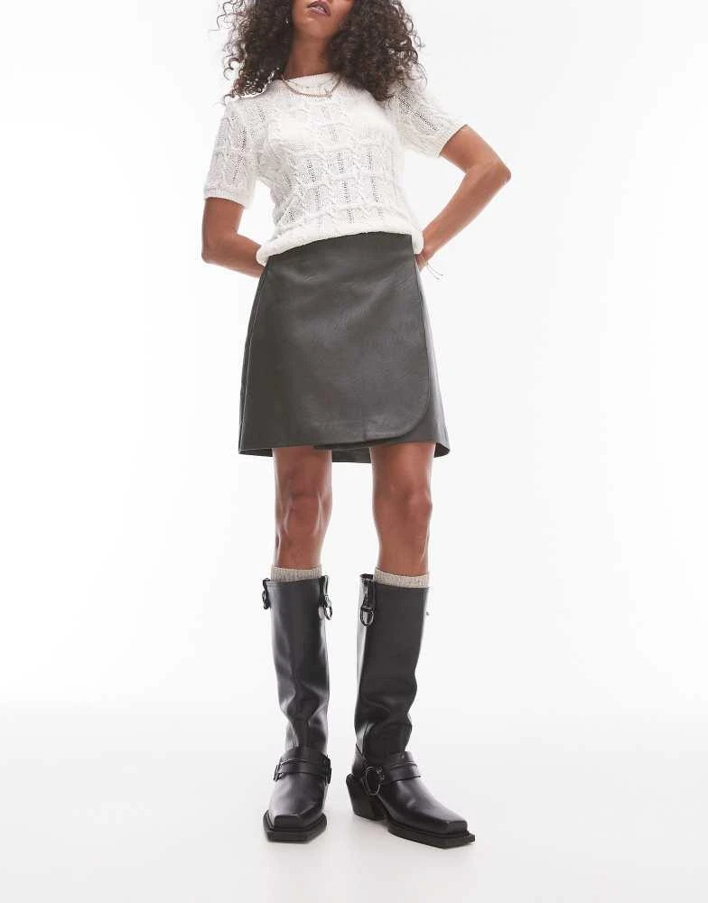 Topshop Topshop faux leather wrap mini skirt in dark khaki 3