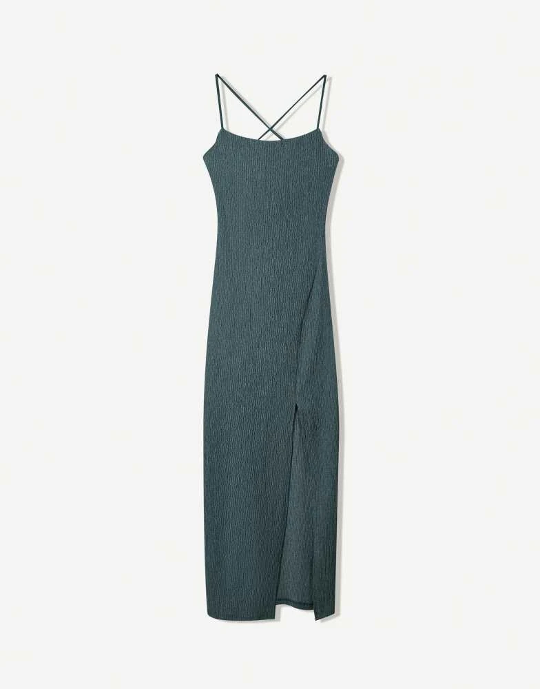 Bershka Bershka strappy rustic midi dress in green 4