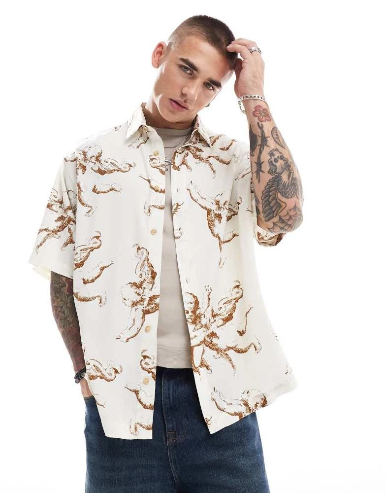 ASOS ASOS DESIGN oversized shirt with cherub print in neutral 1