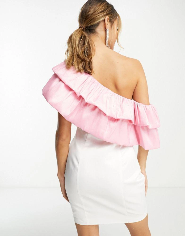 Band of Stars Band Of Stars Premium one shoulder extreme contrast ruffle detail mini dress in white & pink 2