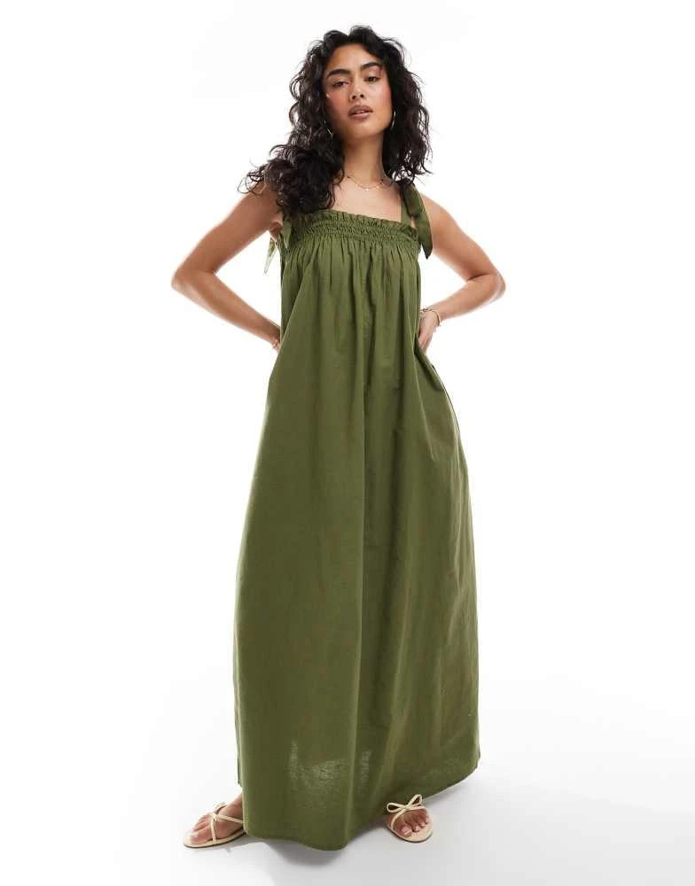 Miss Selfridge Miss Selfridge strappy poplin maxi smock dress in olive 1