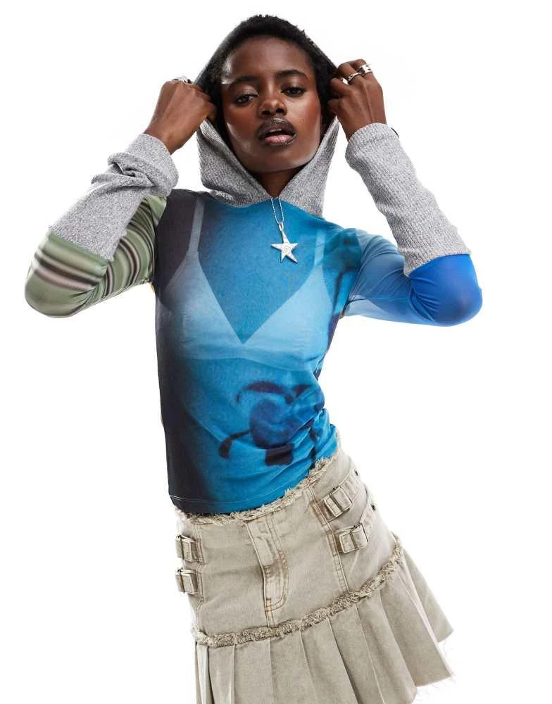 Basic Pleasure Mode Basic Pleasure Mode morrigan mixed media hooded top in multi 1