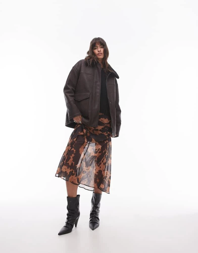 Topshop Topshop faux leather borg shearling midi aviator jacket in brown 4