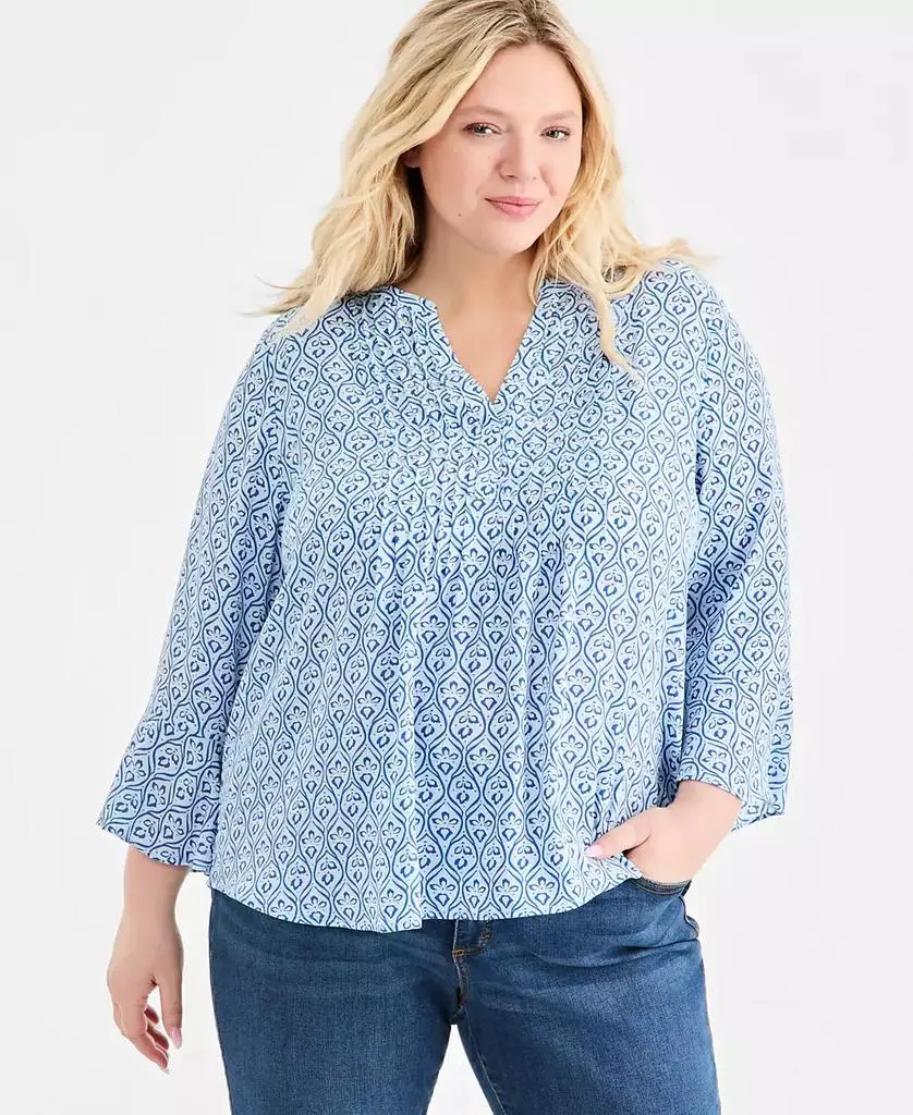 Style & Co Plus Size Pintucked Bell-Sleeve Printed Top, Macy's Exclusive
