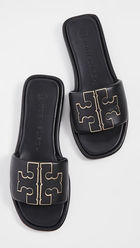 Tory Burch Black Gold Double T Logo factory Shearling Slides Size 8