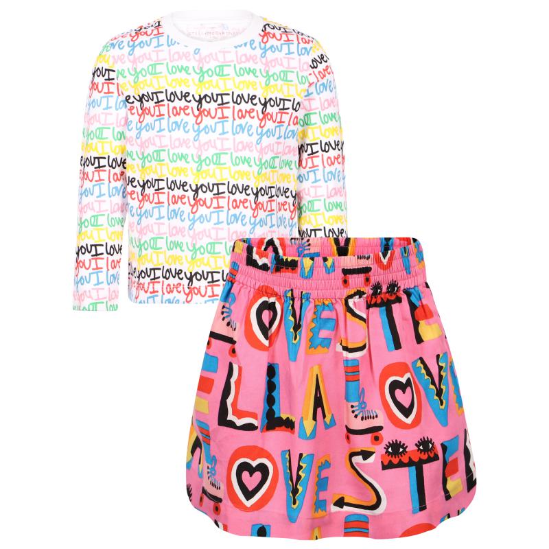 Stella McCartney Kids I love you organic long sleeved t shirt and stella loves twill skirt set in white and pink