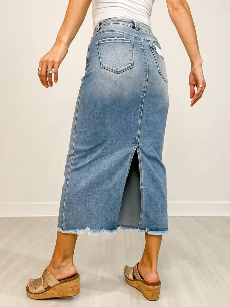 RISEN Long Frayed Denim Pencil Skirt Medium Wash / Small