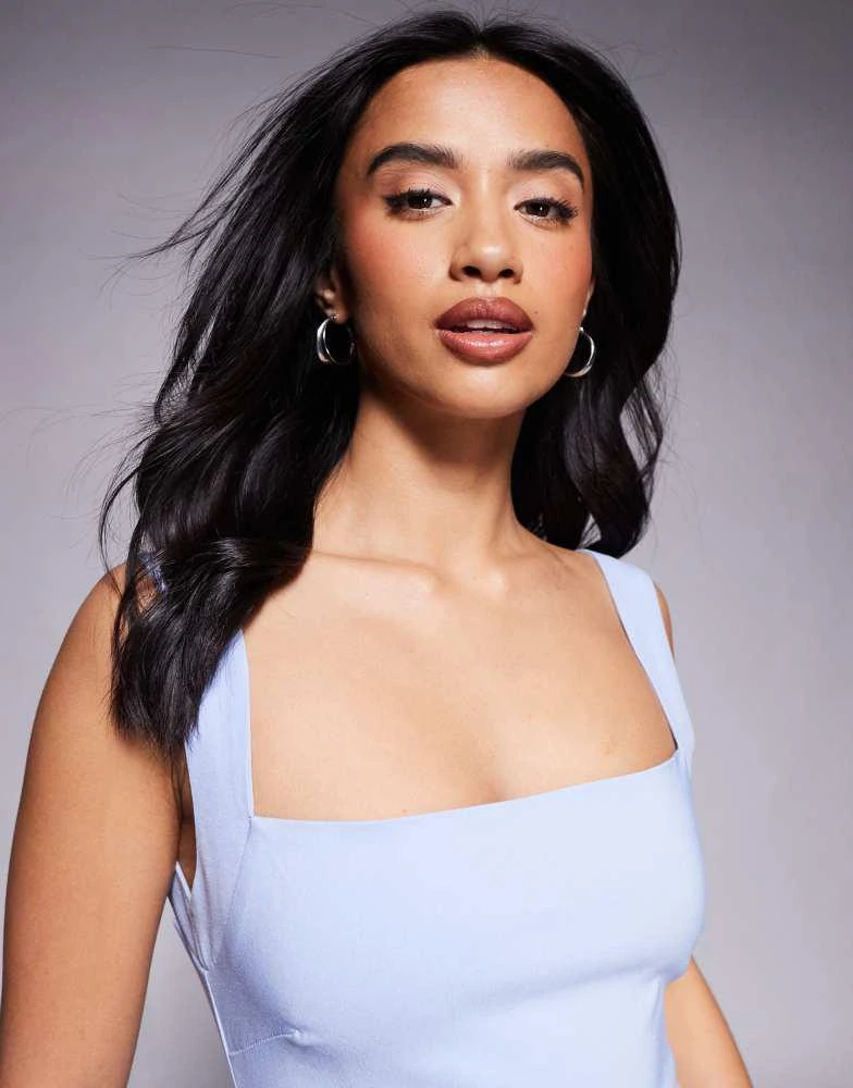 Vesper Petite Vesper Petite bengaline square neck scoop back midaxi dress in light blue 3