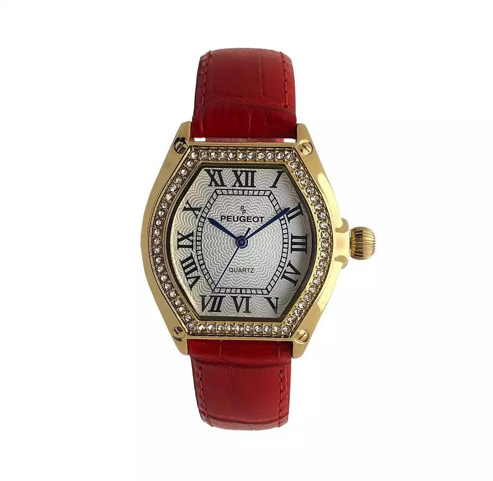Peugeot Women's 36mm Red Watch Barrel Shaped Tank Case Leather Strap