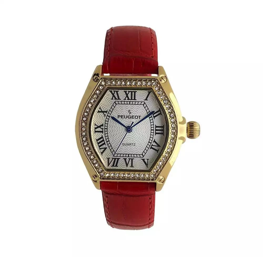 Peugeot Women's 36mm Red Watch Barrel Shaped Tank Case Leather Strap 1