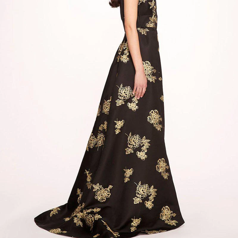 MARCHESA One Shoulder Marigold Ball Gown Black Gold Combo 2